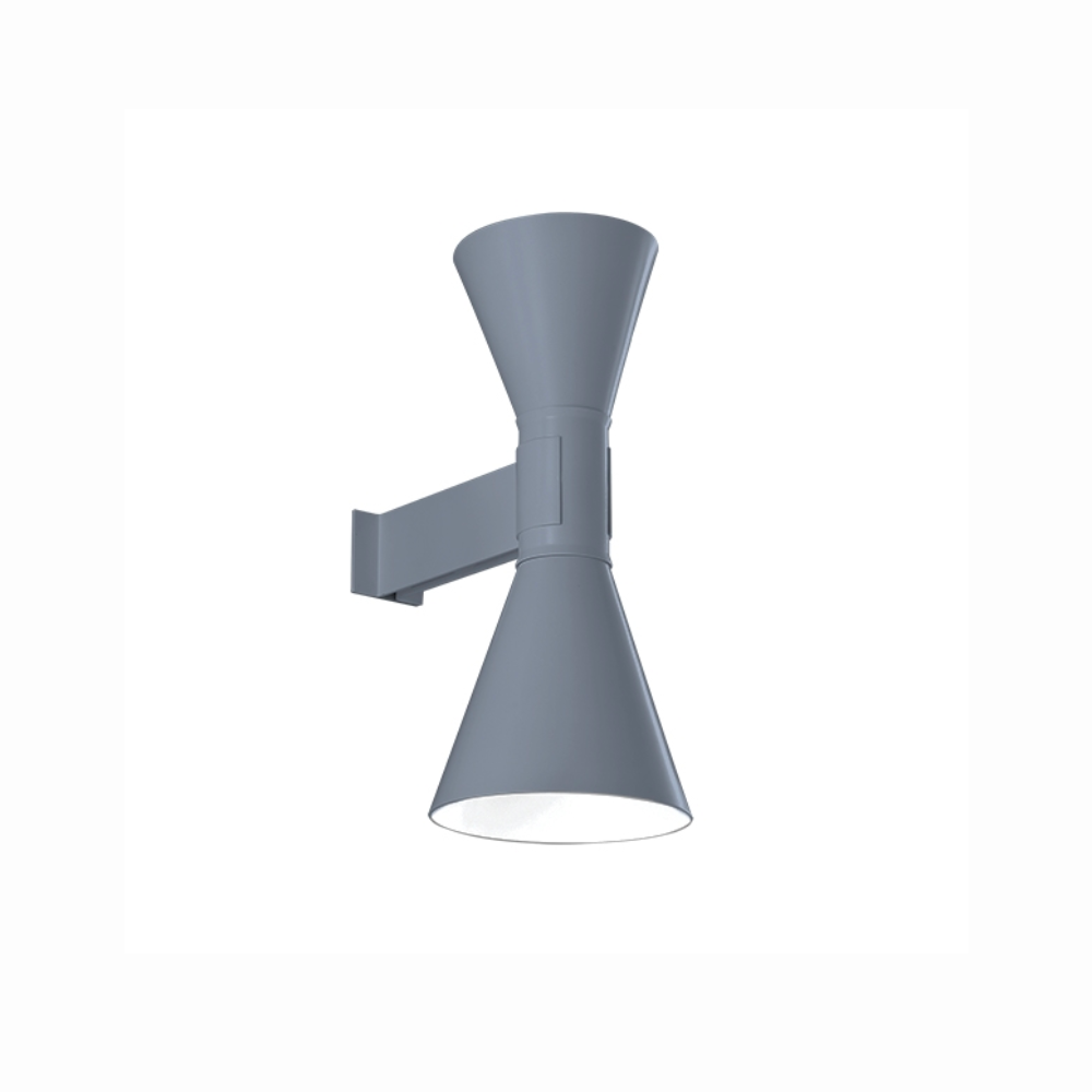 This wall sconce features double emission up and down light, in aluminum painted matte grey, matte white, or black, with white internal diffusers.