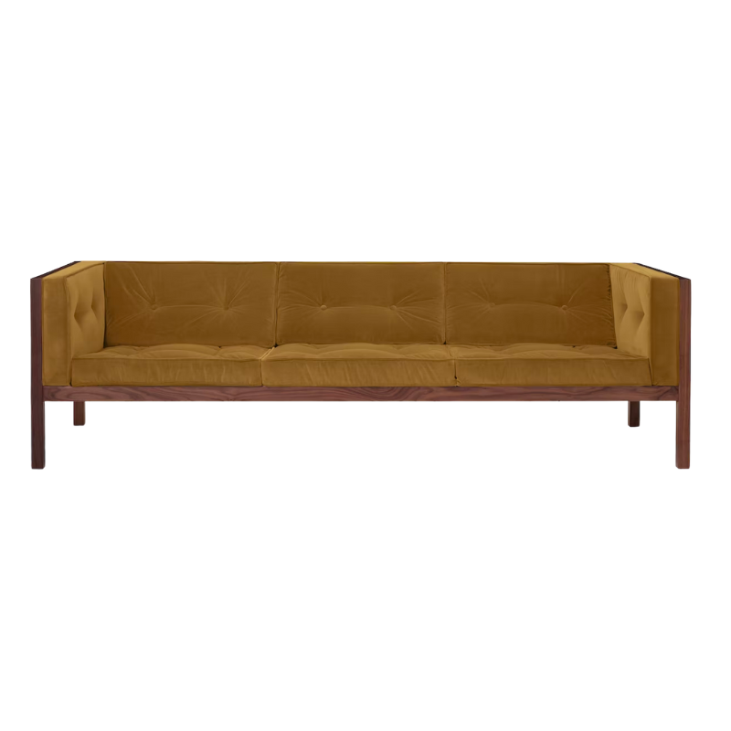 A mix of hard and soft, Cube’s solid wood frame is paired with inviting tufted seats neatly finished with piping for a tailored look.