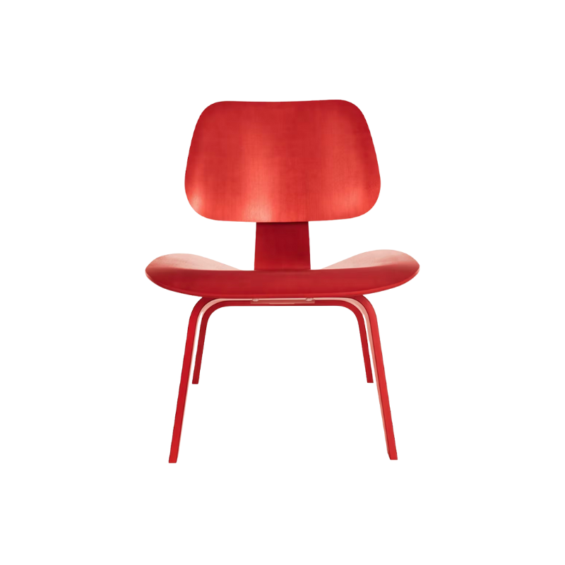 The Eames Molded Plywood Lounge Chair Wood Base (LCW) from Herman Miller in stain red.