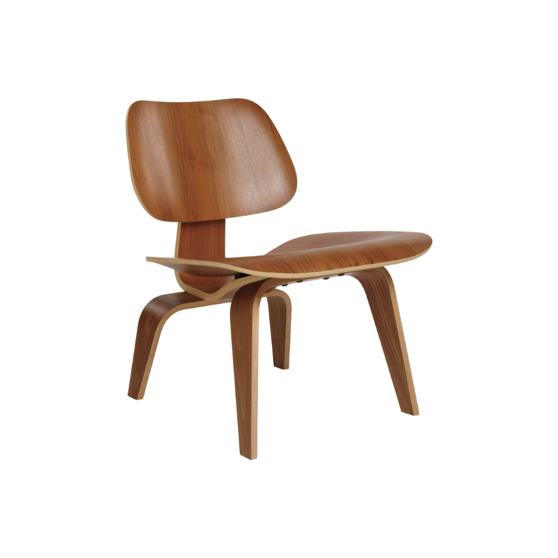 The Eames Molded Plywood Lounge Chair Wood Base (LCW) from Herman Miller in walnut from the side.
