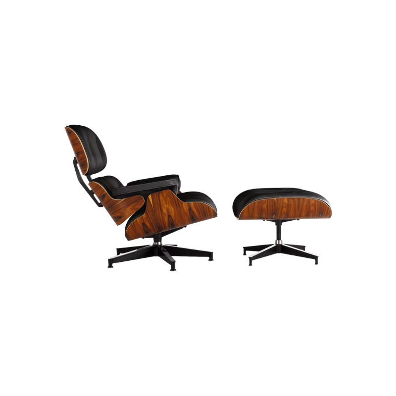 The Eames Lounge Chair and Ottoman from Herman Miller with a palisander shell and black all grain leather.