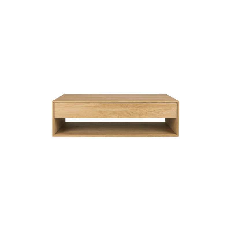 Ethnicraft's Nordic collection combines refined design with the purity of solid wood. The beveled edges give this solid oak furniture an extra edge. The Oak Nordic coffee table conveniently features one storage drawer to stash remotes, coasters, and reading.