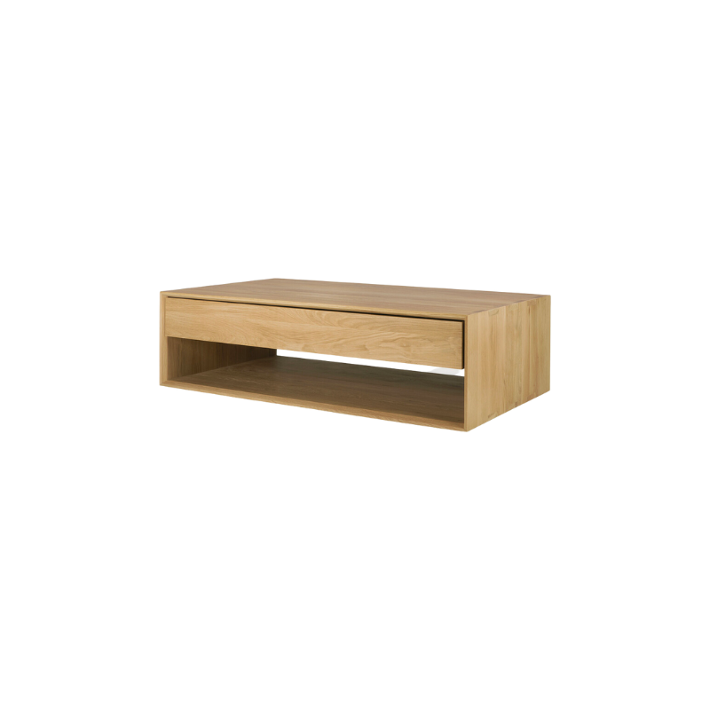 Ethnicraft's Nordic collection combines refined design with the purity of solid wood. The beveled edges give this solid oak furniture an extra edge. The Oak Nordic coffee table conveniently features one storage drawer to stash remotes, coasters, and reading.