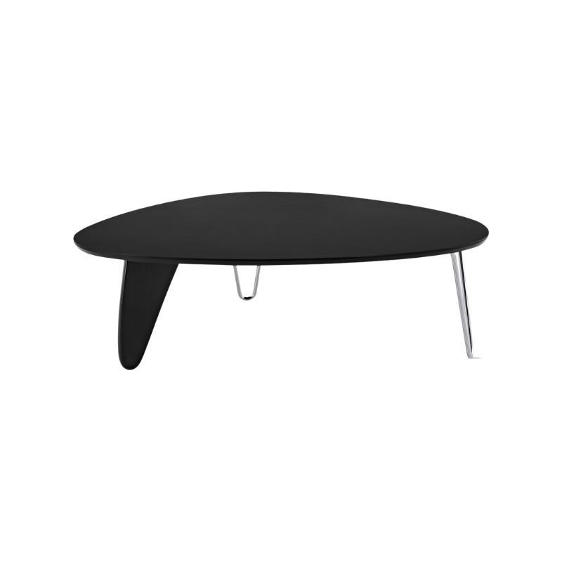 Balanced on two hairpin chrome legs and a single wooden "rudder," the wood top of the Noguchi Rudder Table (1949) seems to float airily in space. This wood and metal leg coffee table is available in three finishes and is an authentic Noguchi design created for Herman Miller.
