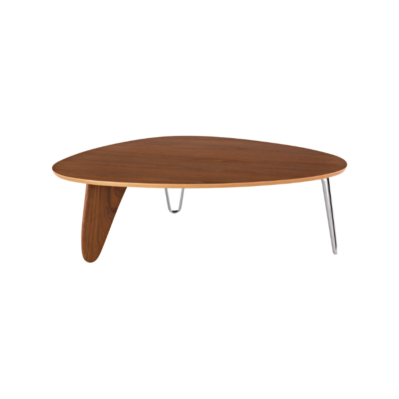 Balanced on two hairpin chrome legs and a single wooden "rudder," the wood top of the Noguchi Rudder Table (1949) seems to float airily in space. This wood and metal leg coffee table is available in three finishes and is an authentic Noguchi design created for Herman Miller.