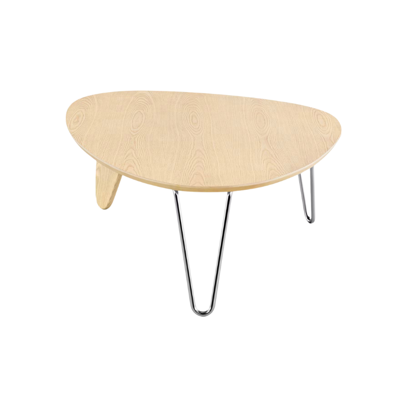 Balanced on two hairpin chrome legs and a single wooden "rudder," the wood top of the Noguchi Rudder Table (1949) seems to float airily in space. This wood and metal leg coffee table is available in three finishes and is an authentic Noguchi design created for Herman Miller.