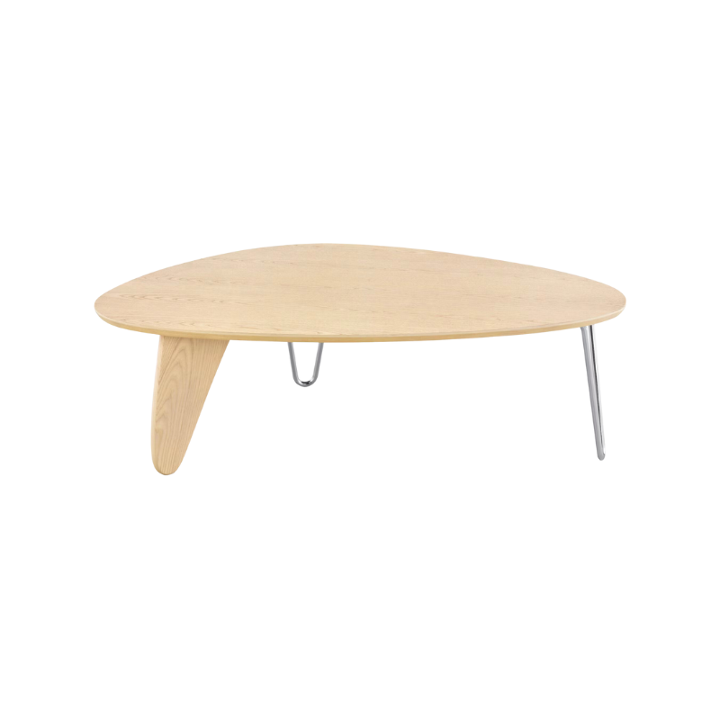 Balanced on two hairpin chrome legs and a single wooden "rudder," the wood top of the Noguchi Rudder Table (1949) seems to float airily in space. This wood and metal leg coffee table is available in three finishes and is an authentic Noguchi design created for Herman Miller.
