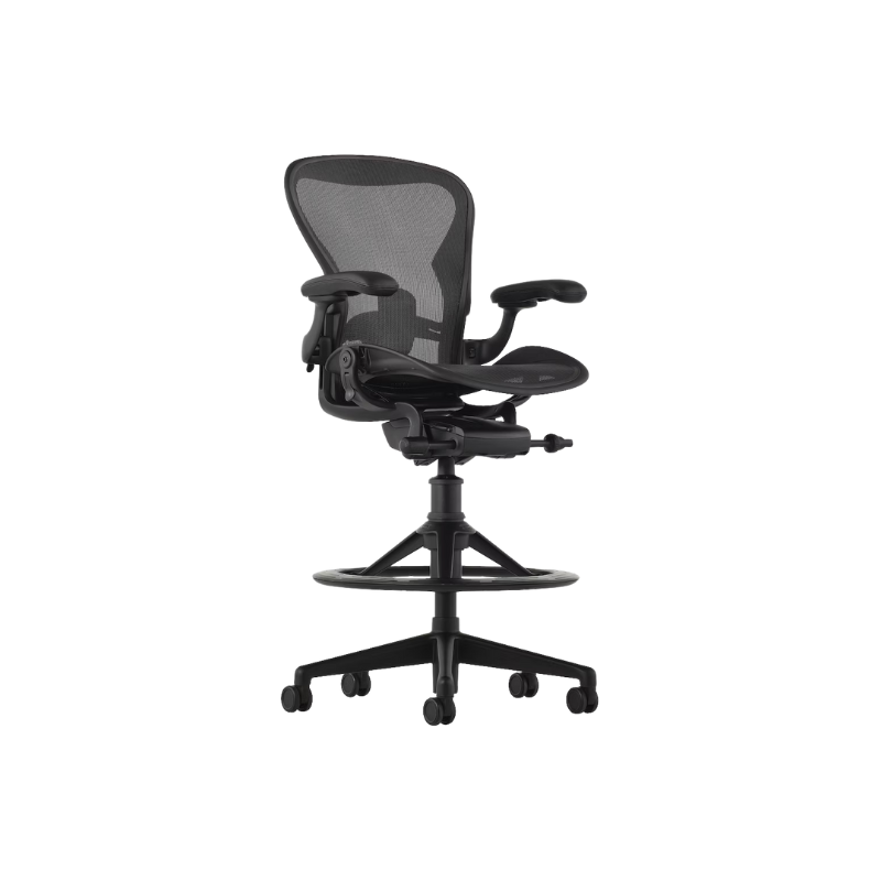 The Aeron office chair by Herman Miller revolutionized office seating with its defining design qualities: the pioneering Pellicle suspension material and its patented PostureFit SL back support, which affords the ideal sit -stand setup