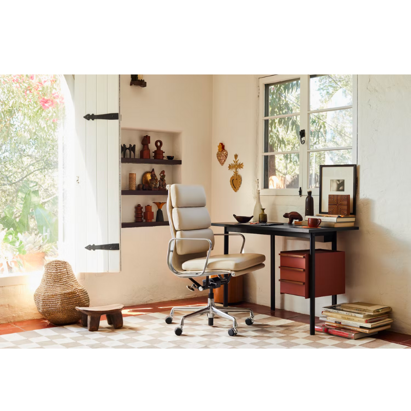 Mode Desk by Herman Miller is a study in pared-down design. This high-performance, small-space desk is equipped with cable management, a leg slot for discreet wire routing, and an optional drawer cabinet that can be installed on either side.