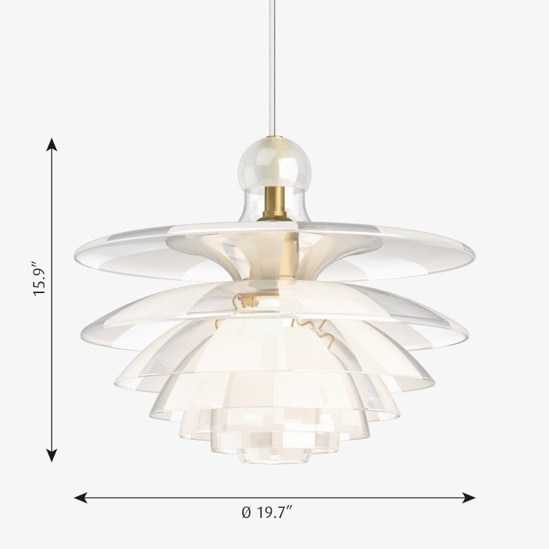 The seven-shade glass crown emits a glare-free, downwardly directed light while radiating a pleasantly delicate glow. Frosted glass fields alternately cover the clear ones from shade-to-shade, thus diffusing the light even more softly.