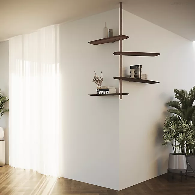 The Unica Ceiling Floating Shelving System from Nomon lends an airy, sculptural simplicity to its surroundings. An impeccably engineered Andres Martinez design that descends from above via a sleek downrod of solid walnut, it extends a series of slender, strong shelves with a smooth walnut veneer. 