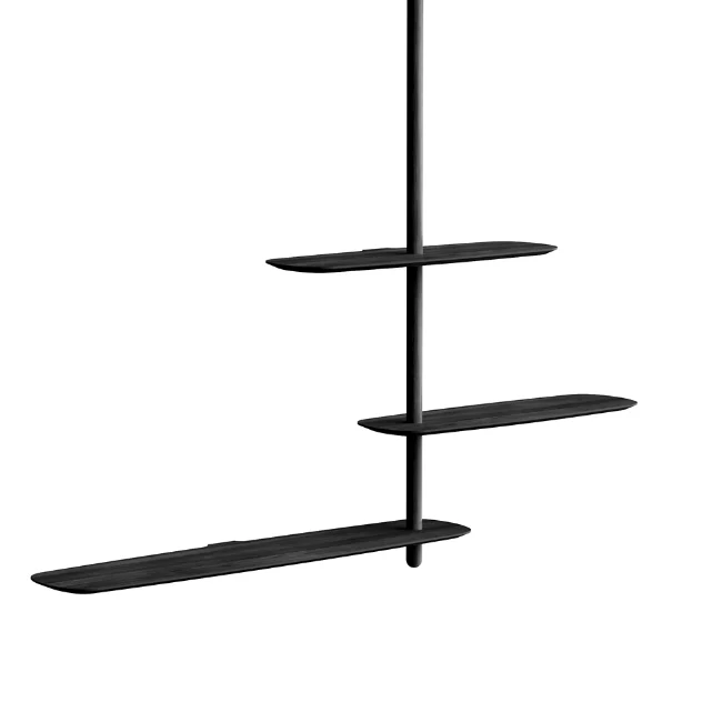 The Unica Ceiling Floating Shelving System from Nomon lends an airy, sculptural simplicity to its surroundings. An impeccably engineered Andres Martinez design that descends from above via a sleek downrod of solid walnut, it extends a series of slender, strong shelves with a smooth walnut veneer. 