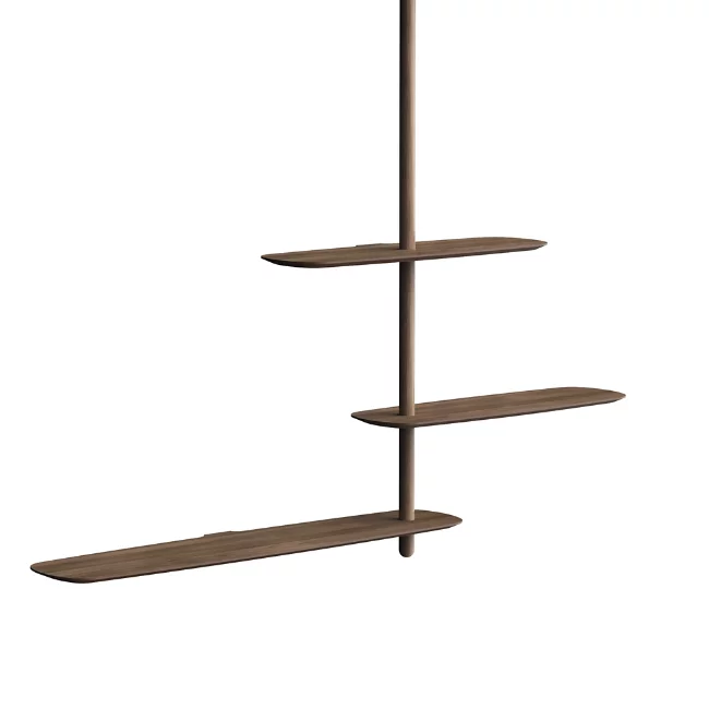 The Unica Ceiling Floating Shelving System from Nomon lends an airy, sculptural simplicity to its surroundings. An impeccably engineered Andres Martinez design that descends from above via a sleek downrod of solid walnut, it extends a series of slender, strong shelves with a smooth walnut veneer. 