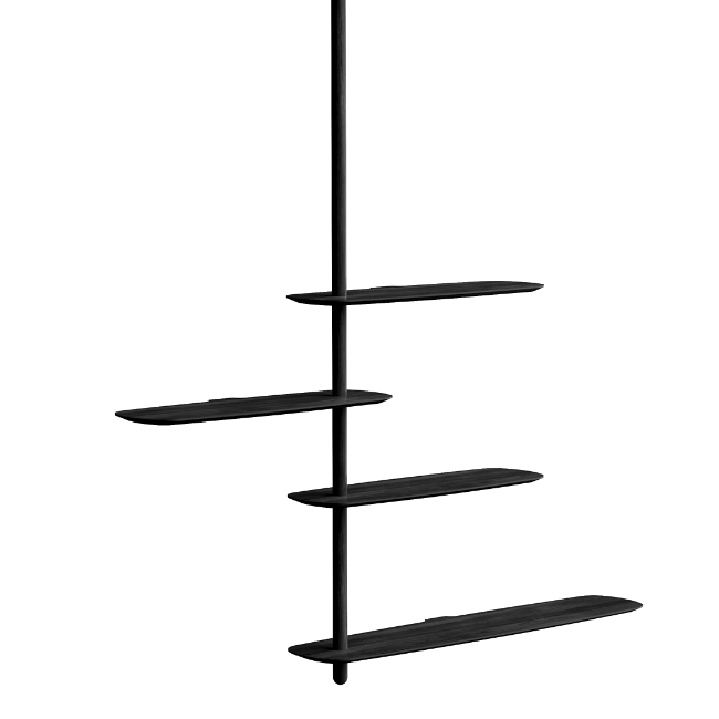 The Unica Ceiling Floating Shelving System from Nomon lends an airy, sculptural simplicity to its surroundings. An impeccably engineered Andres Martinez design that descends from above via a sleek downrod of solid walnut, it extends a series of slender, strong shelves with a smooth walnut veneer. 