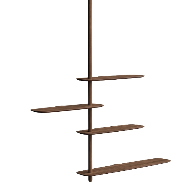 The Unica Ceiling Floating Shelving System from Nomon lends an airy, sculptural simplicity to its surroundings. An impeccably engineered Andres Martinez design that descends from above via a sleek downrod of solid walnut, it extends a series of slender, strong shelves with a smooth walnut veneer. 