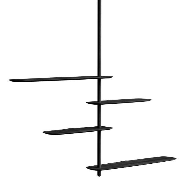 The Unica Ceiling Floating Shelving System from Nomon lends an airy, sculptural simplicity to its surroundings. An impeccably engineered Andres Martinez design that descends from above via a sleek downrod of solid walnut, it extends a series of slender, strong shelves with a smooth walnut veneer. 