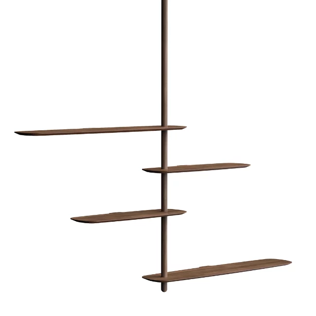 The Unica Ceiling Floating Shelving System from Nomon lends an airy, sculptural simplicity to its surroundings. An impeccably engineered Andres Martinez design that descends from above via a sleek downrod of solid walnut, it extends a series of slender, strong shelves with a smooth walnut veneer.  