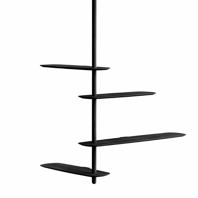 The Unica Ceiling Floating Shelving System from Nomon lends an airy, sculptural simplicity to its surroundings. An impeccably engineered Andres Martinez design that descends from above via a sleek downrod of solid walnut, it extends a series of slender, strong shelves with a smooth walnut veneer. 