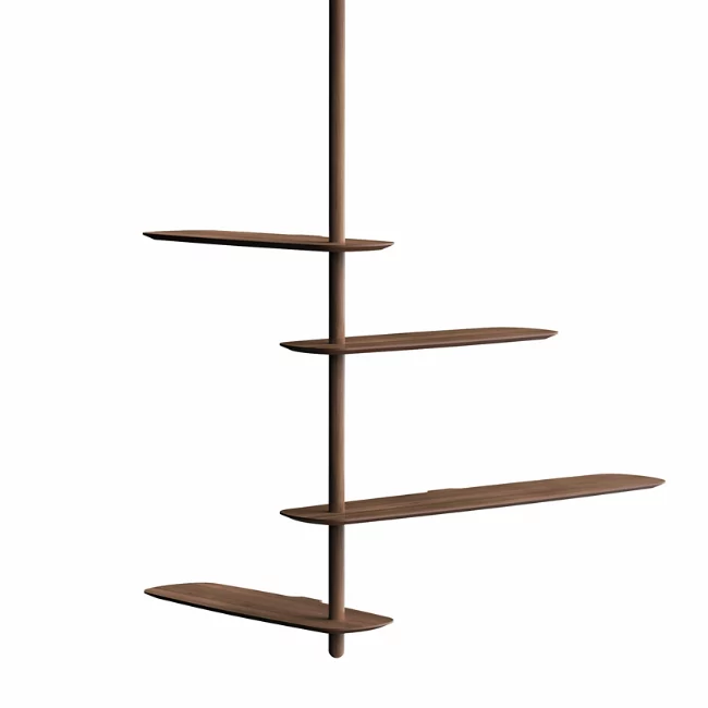 The Unica Ceiling Floating Shelving System from Nomon lends an airy, sculptural simplicity to its surroundings. An impeccably engineered Andres Martinez design that descends from above via a sleek downrod of solid walnut, it extends a series of slender, strong shelves with a smooth walnut veneer. 