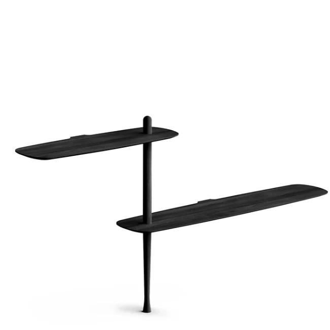 Rise in style with the smooth surfaces and open expressiveness of the Unica Floor Shelving System from Nomon. A smooth design from the mind of Andres Martinez, it ascends along a single solid walnut rod that telescopes out from a narrower point, seating alternating fixed and “floating” shelves with a smooth walnut veneer along its length. 
