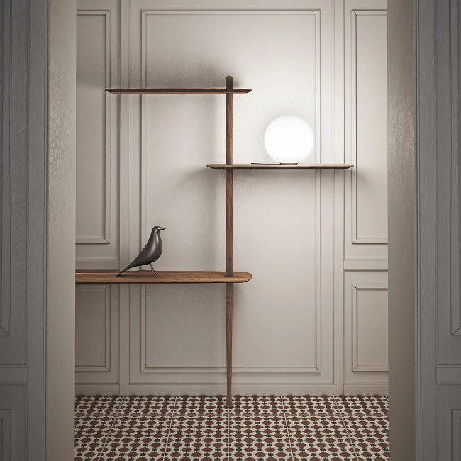 Rise in style with the smooth surfaces and open expressiveness of the Unica Floor Shelving System from Nomon. A smooth design from the mind of Andres Martinez, it ascends along a single solid walnut rod that telescopes out from a narrower point, seating alternating fixed and “floating” shelves with a smooth walnut veneer along its length. 