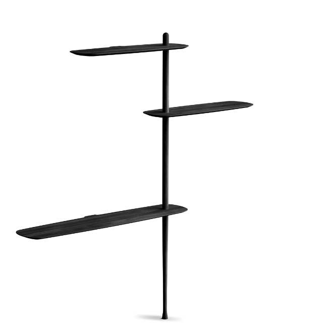 Rise in style with the smooth surfaces and open expressiveness of the Unica Floor Shelving System from Nomon. A smooth design from the mind of Andres Martinez, it ascends along a single solid walnut rod that telescopes out from a narrower point, seating alternating fixed and “floating” shelves with a smooth walnut veneer along its length. 