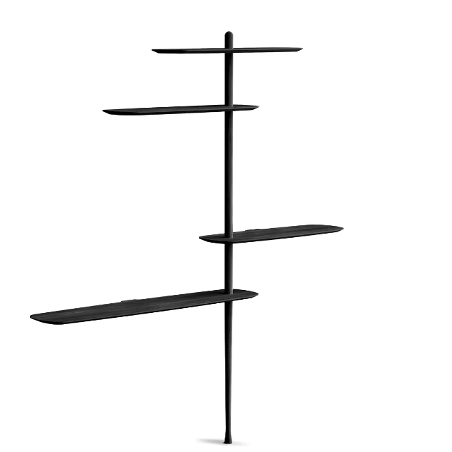 Rise in style with the smooth surfaces and open expressiveness of the Unica Floor Shelving System from Nomon. A smooth design from the mind of Andres Martinez, it ascends along a single solid walnut rod that telescopes out from a narrower point, seating alternating fixed and “floating” shelves with a smooth walnut veneer along its length. 