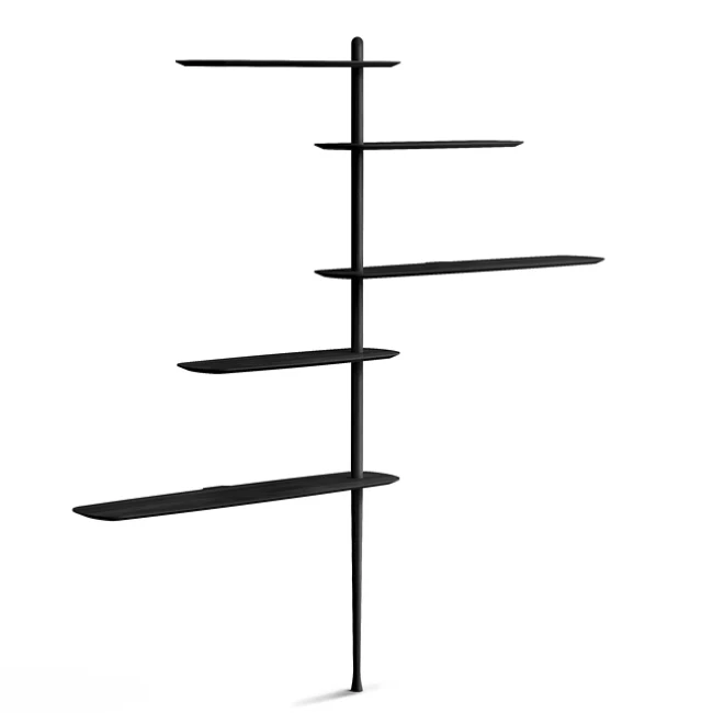 Rise in style with the smooth surfaces and open expressiveness of the Unica Floor Shelving System from Nomon. A smooth design from the mind of Andres Martinez, it ascends along a single solid walnut rod that telescopes out from a narrower point, seating alternating fixed and “floating” shelves with a smooth walnut veneer along its length. 
