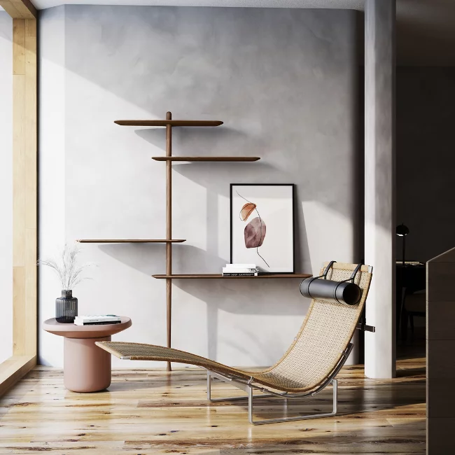Rise in style with the smooth surfaces and open expressiveness of the Unica Floor Shelving System from Nomon. A smooth design from the mind of Andres Martinez, it ascends along a single solid walnut rod that telescopes out from a narrower point, seating alternating fixed and “floating” shelves with a smooth walnut veneer along its length. 