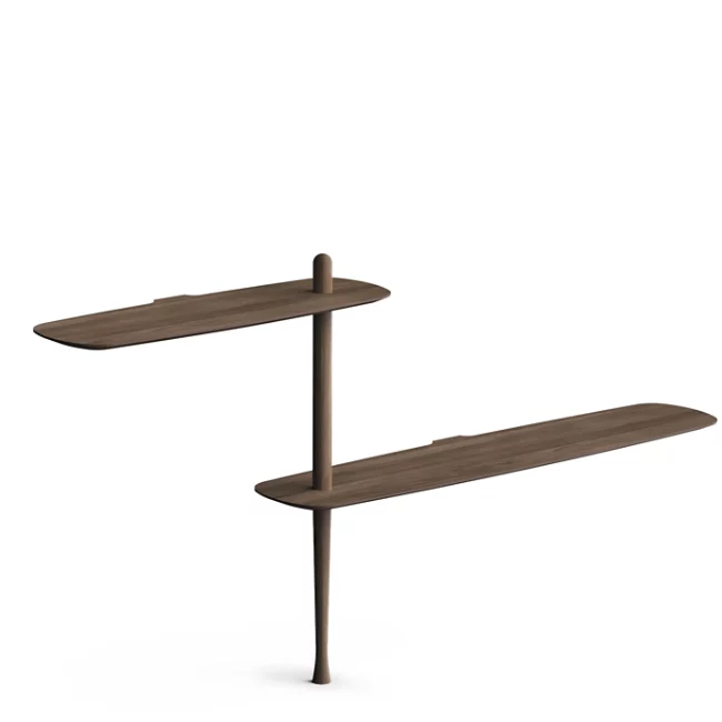 Rise in style with the smooth surfaces and open expressiveness of the Unica Floor Shelving System from Nomon. A smooth design from the mind of Andres Martinez, it ascends along a single solid walnut rod that telescopes out from a narrower point, seating alternating fixed and “floating” shelves with a smooth walnut veneer along its length. 