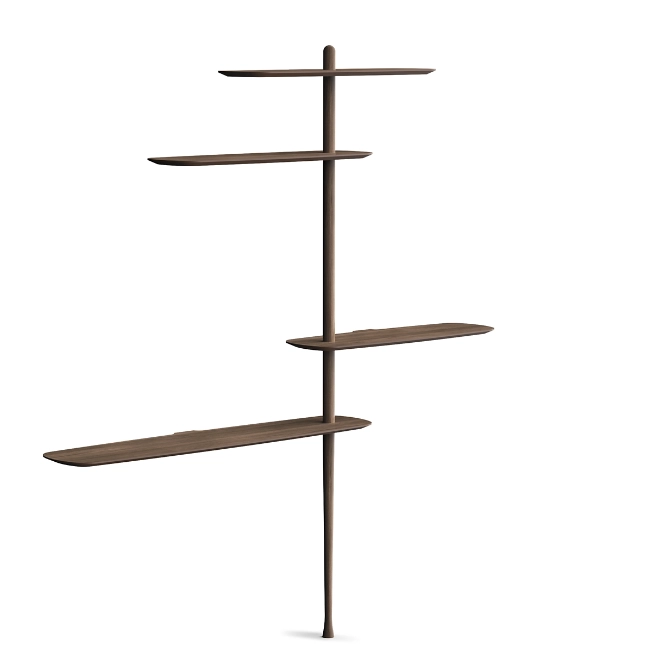 Rise in style with the smooth surfaces and open expressiveness of the Unica Floor Shelving System from Nomon. A smooth design from the mind of Andres Martinez, it ascends along a single solid walnut rod that telescopes out from a narrower point, seating alternating fixed and “floating” shelves with a smooth walnut veneer along its length. 