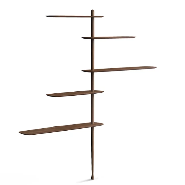 Rise in style with the smooth surfaces and open expressiveness of the Unica Floor Shelving System from Nomon. A smooth design from the mind of Andres Martinez, it ascends along a single solid walnut rod that telescopes out from a narrower point, seating alternating fixed and “floating” shelves with a smooth walnut veneer along its length. 