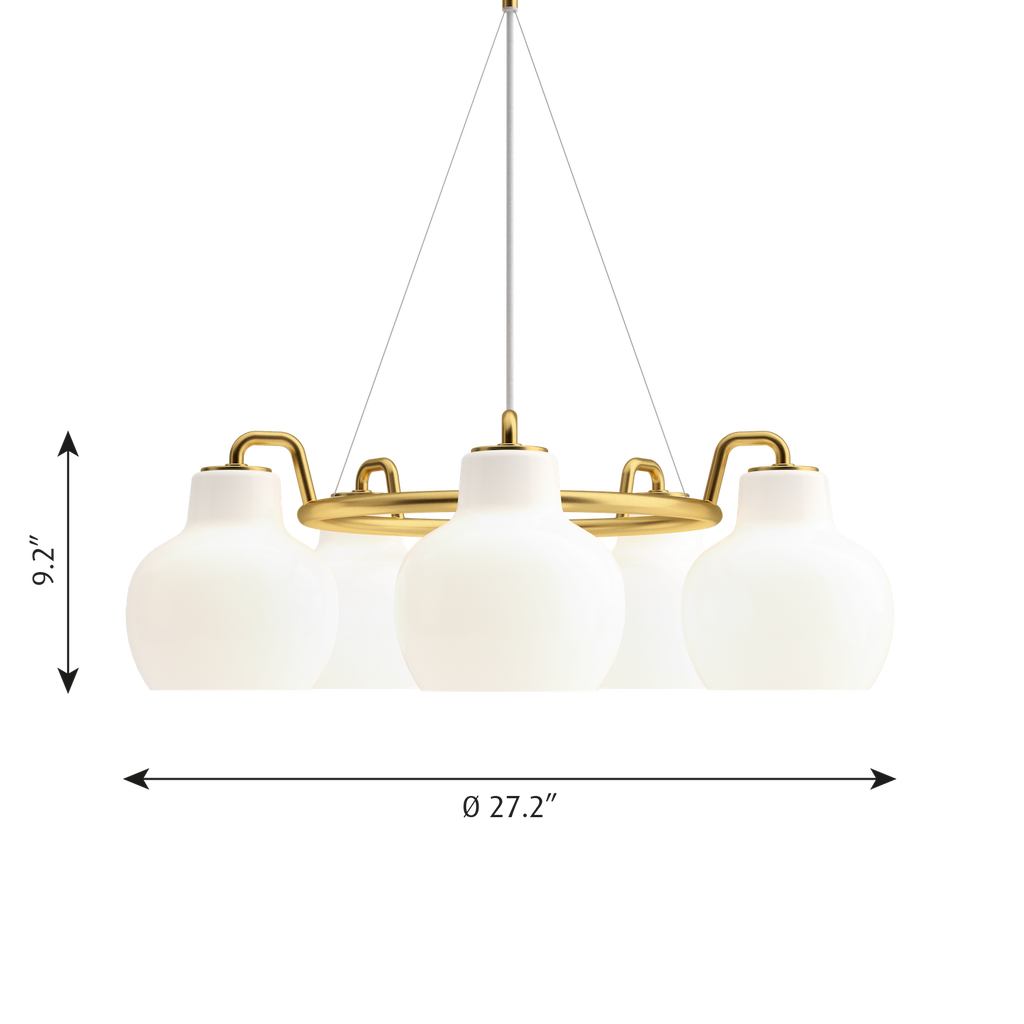 The VL Ring Crown pendant chandelier by Louis Poulsen emits light directed primarily downwards.‎ The opal glass provides a comfortable and uniform illumination of the area around the fixture.