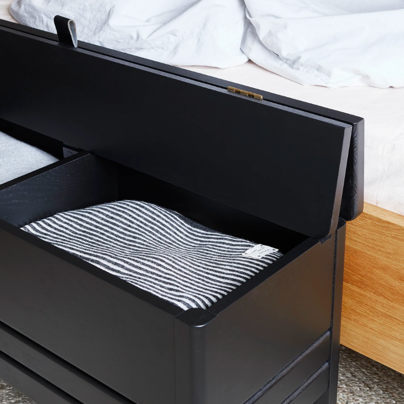 An updated version of the classic stowaway bench where functionality meets clean form. 