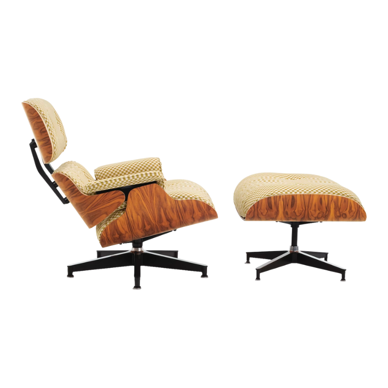 Chair and ottoman comprised of molded wood shells filled with removable cushions. Stamped with a medallion on the chair’s underside to signify authenticity. Suited for living spaces, reception areas and executive offices.
