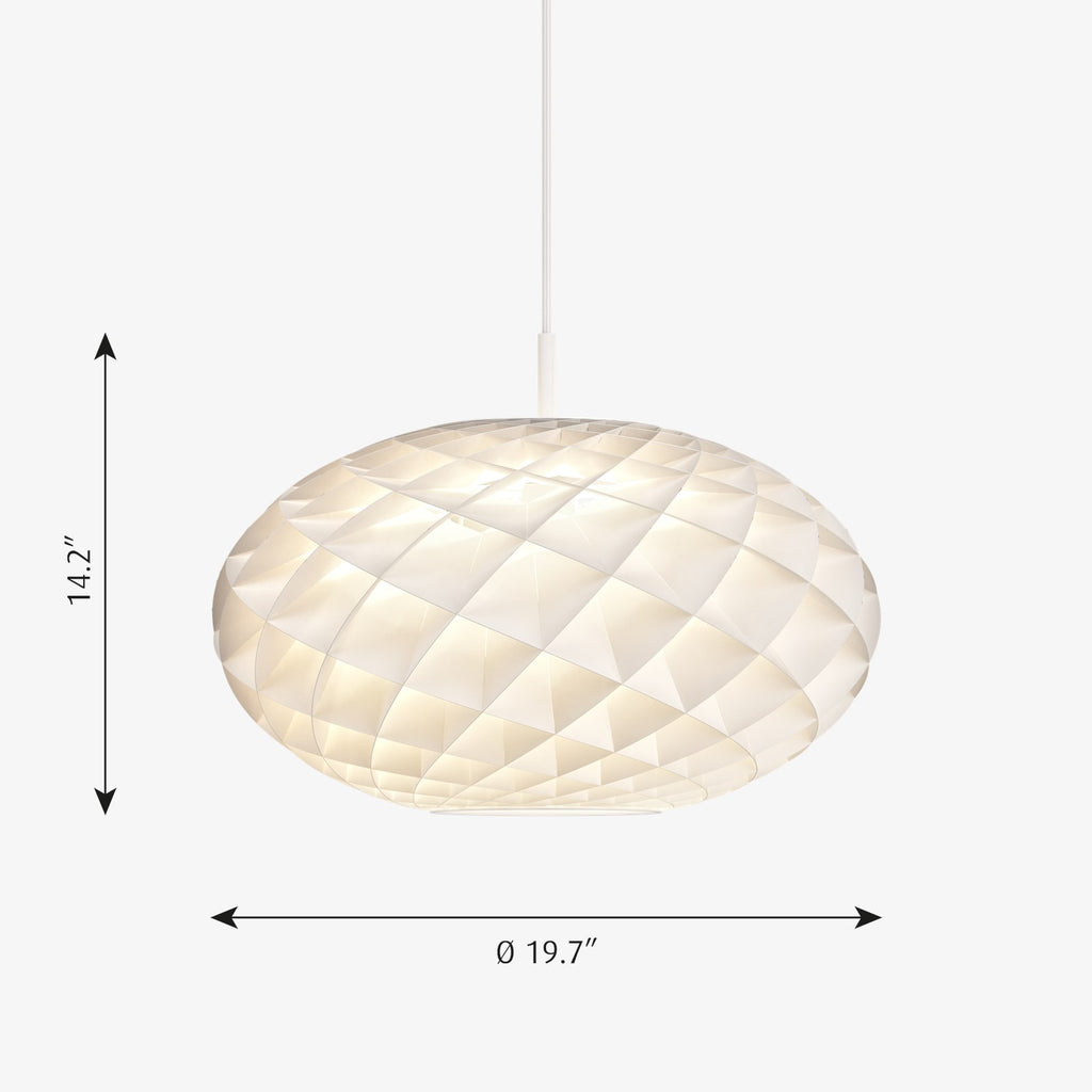 The timeless Patera Oval Pendant follows the same elegant design principles as the circular Patera Pendant and is assembled entirely by hand. Danish designer Øivind Slaatto took inspiration from the Fibonacci spiral and designed the pendant to following the mathematic structure of the captivating Fibonacci spiral.