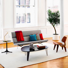 Balanced on two hairpin chrome legs and a single wooden "rudder," the wood top of the Noguchi Rudder Table (1949) seems to float airily in space. This wood and metal leg coffee table is available in three finishes and is an authentic Noguchi design created for Herman Miller.